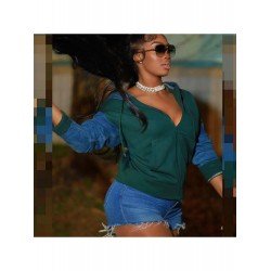 Green Blue Color Blocking Hooded Collar Women Coats Green Blue Color Blocking Hooded Collar Women Coats