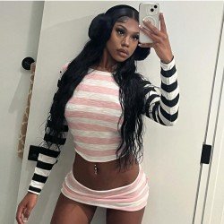 Color Blocking Striped Matching Mini Skirt And Top Sets