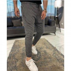 Casual Black Plaid Pencil Pant Trousers For Men