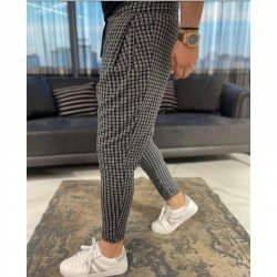 Casual Black Plaid Pencil Pant Trousers For Men