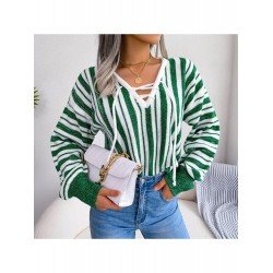 Striped V Neck Ladies Lantern Sleeve Sweaters Striped V Neck Ladies Lantern Sleeve Sweaters