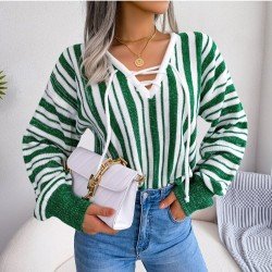 Striped V Neck Ladies Lantern Sleeve Sweaters