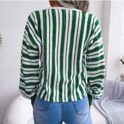 Striped V Neck Ladies Lantern Sleeve Sweaters
