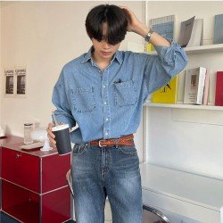  Versatile Pure Color Men's Long Sleeve Denim Shirt