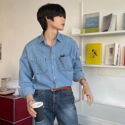  Versatile Pure Color Men's Long Sleeve Denim Shirt