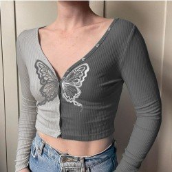  Stylish V Neck Contrast Color Women's Crop Top