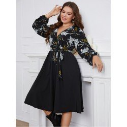 V Neck Black Printed Plus Size Knee Length Dress V Neck Black Printed Plus Size Knee Length Dress