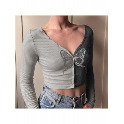  Stylish V Neck Contrast Color Women's Crop Top