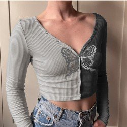  Stylish V Neck Contrast Color Women's Crop Top