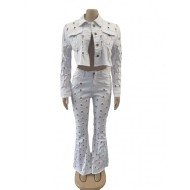  Pure Color Hollowed Out Top And Trouser Sets