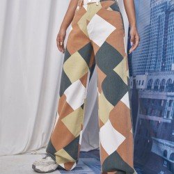 Stylish Rhombus Lattice High Waist Denim Pants