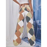  Stylish Rhombus Lattice High Waist Denim Pants