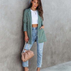  Casual Versatile Plaid Lapel Women's Long Sleeve Suit