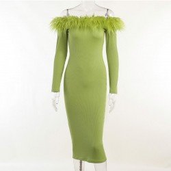  Sexy Off Shoulder Pure Color Long Sleeve Dress
