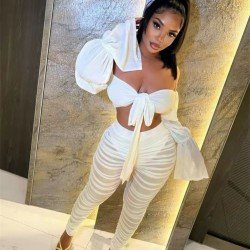  Ruched Lace Up Top And See Through Trouser Sets