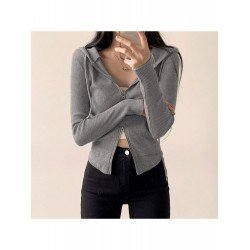 Pure Color Zip Hooded Collar Ladies Tops