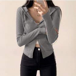 Pure Color Zip Hooded Collar Ladies Tops