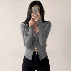 Pure Color Zip Hooded Collar Ladies Tops