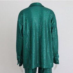 Sequined Loose Solid 3 Piece Blouse Trouser Sets
