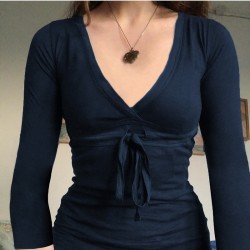 V Neck Fitted Solid Long Sleeve Tops