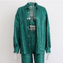 Sequined Loose Solid 3 Piece Blouse Trouser Sets
