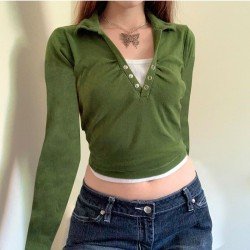  Basic Contrast Color Patchwork Long Sleeve Top
