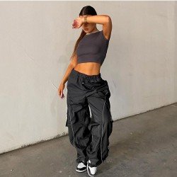 Hip Hop Black Wide Leg Drawstring Trousers