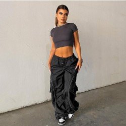 Hip Hop Black Wide Leg Drawstring Trousers