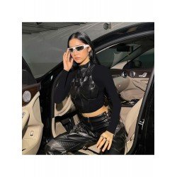  Street Chic Leather Mesh Patchwork Design Top