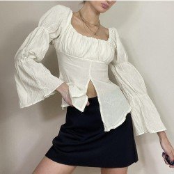  2024 Autumn U Neck Split Hem Women's Top