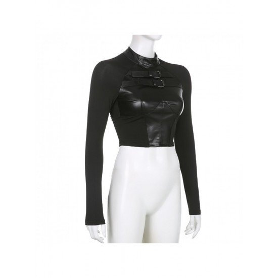  Street Chic Leather Mesh Patchwork Design Top
