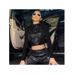  Street Chic Leather Mesh Patchwork Design Top