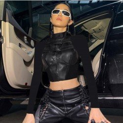  Street Chic Leather Mesh Patchwork Design Top