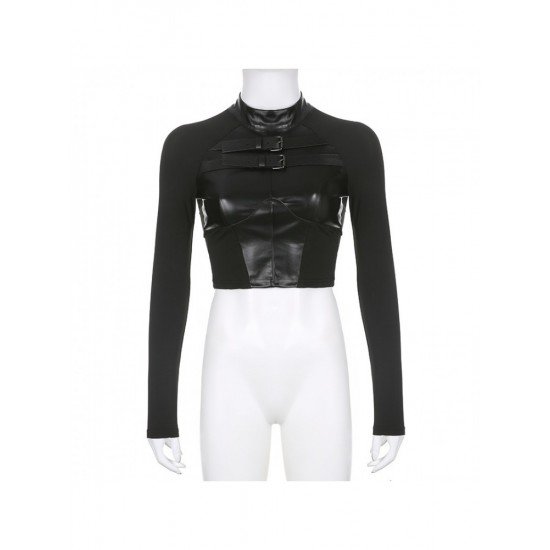  Street Chic Leather Mesh Patchwork Design Top