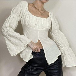  2024 Autumn U Neck Split Hem Women's Top