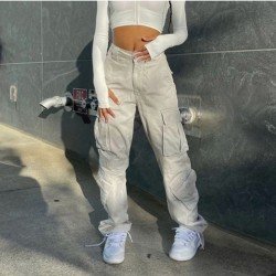 Trendy Solid Pockets Straight Leg Jean Trousers