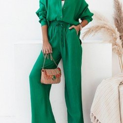 Casual Street Solid Matching Blouse And Trouser Sets