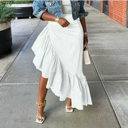 Asymmetry Ruffles Solid Loose Maxi Skirts For Women