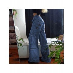 Low Rise Fish Embroidery Loose Blue Jean Trousers Low Rise Fish Embroidery Loose Blue Jean Trousers