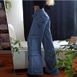 Low Rise Fish Embroidery Loose Blue Jean Trousers