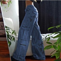 Low Rise Fish Embroidery Loose Blue Jean Trousers