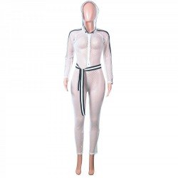 Women's Sexy Hollow Out Long-sleeved Hooded Jumpsuit