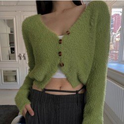  V-Neck Pure Color Long Sleeve Women's Wool Top