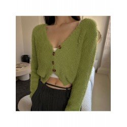  V-Neck Pure Color Long Sleeve Women's Wool Top