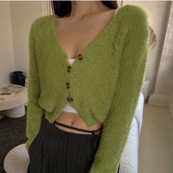  V-Neck Pure Color Long Sleeve Women's Wool Top