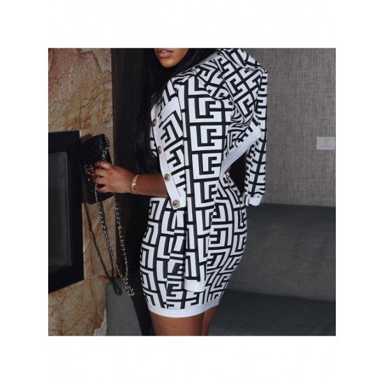  2024 Autumn Geometric Pattern Top And Short Skirt Suits