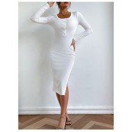 Casual White Solid Long Sleeve Slit Dresses