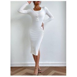 Casual White Solid Long Sleeve Slit Dresses Casual White Solid Long Sleeve Slit Dresses