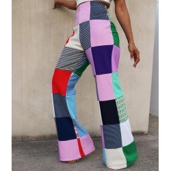 Plaid Color Blocking High Waist Flare Pants Plaid Color Blocking High Waist Flare Pants