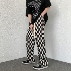 Drawstring Grid Black White Loose Trousers